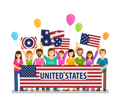 USA, United States. Happy crowd of people with placards at the city festival. Vector illustration