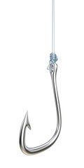Isolated Fishing Hook and Line. 3d Render of Fishing Hook attached to Fishing Line with Clinch Knot.