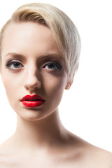 Headshot of beautiful model with red lips and blonde short hair