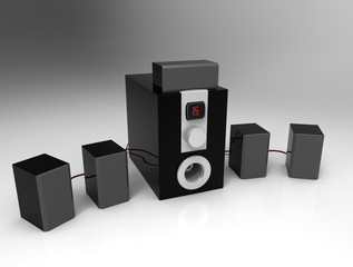 Home cinema speakers with sub-woofer on white background. 5.1 sy