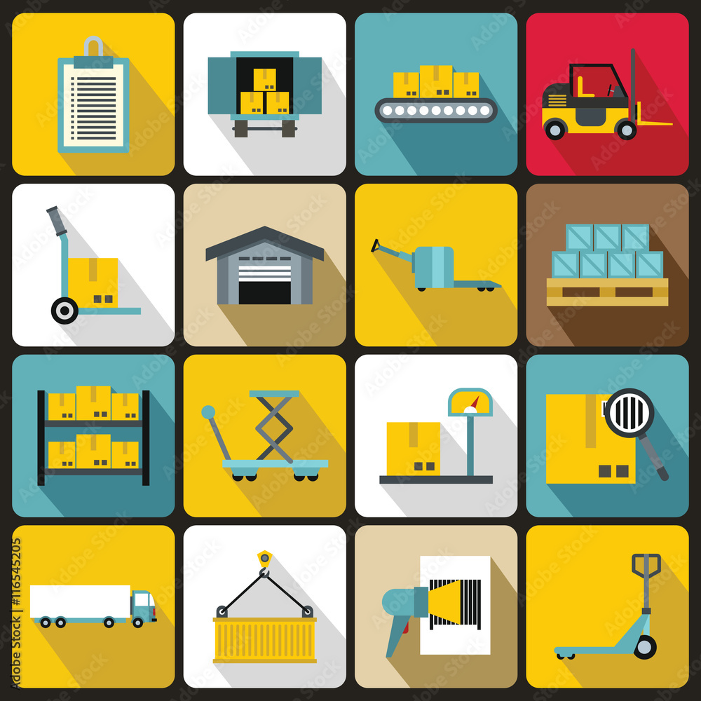 Aufkleber logistic icons set in flat style. warehouse and storage set collection vector illustration