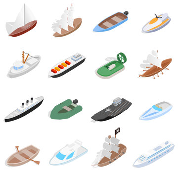 Ship and boat icons set in isometric 3d style. Sailing elements set collection vector illustration