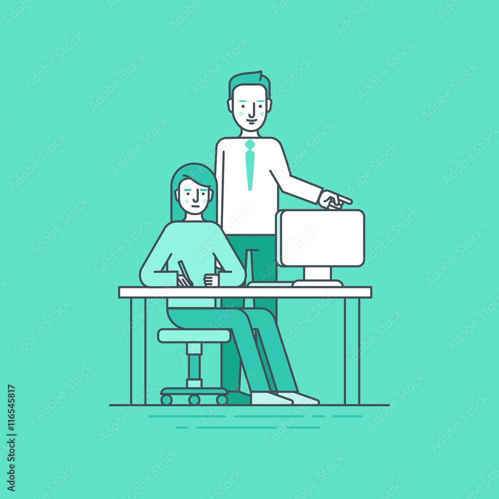 Poster vector illustration in flat linear style and blue - client and g
