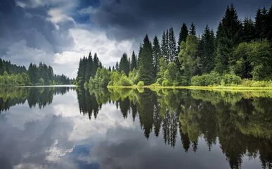 Schilderijen op glas meer in een bos, Sumava - nationaal park, Tsjechië, Europa © Vera Kuttelvaserova
