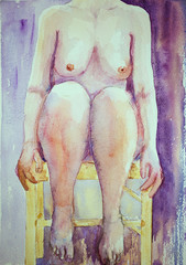 Torso of a naked woman on a chair. The dabbing technique near the edges gives a soft focus effect due to the altered surface roughness of the paper.