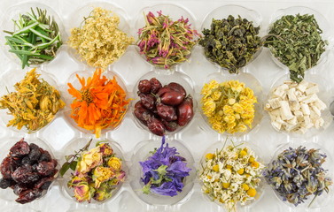 Various dried plants for making perfect tea