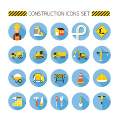Construction Objects Flat Icons Set, Worker, Equipment, Vehicles