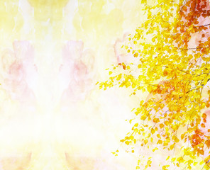 Abstract watercolor background with autumn twig and yellow leave