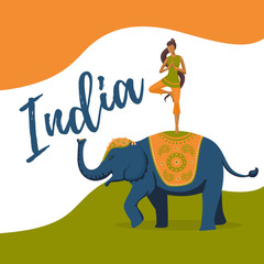 Yoga girl meditation on the indian elephant. India independence day