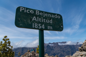 Summit sign Pico Bejenado on La Palma, Canary Islands, Spain