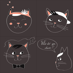 Illustration with the image of four cats and text Who do you choose on a gray background. Vector