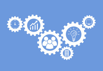 Business mechanism concept. Abstract background with connected gears and icons for strategy, research, concepts. Vector