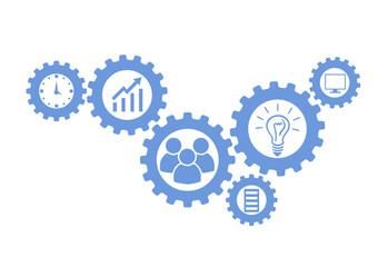 Business mechanism concept. Abstract background with connected gears and icons for strategy, research, concepts. Vector