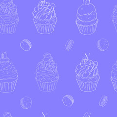 illustration with the image of cakes. pattern made white outline on a bright blue background. Vector