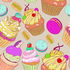 illustration with the image of cakes. Bright multi-colored pattern on a gray background. Vector