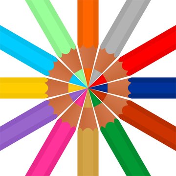 Set of colored pencils sharp stored in the middle of the circle on a white background