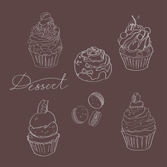 Set of cakes made with white outline on a dark brown background. Vector
