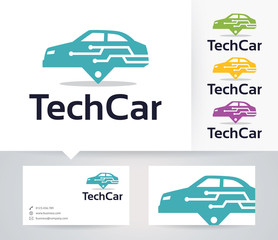 Tech Car vector logo with alternative colors and business card template
