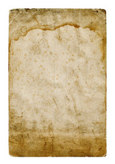Shabby paper blank with old spots isolated on white background. Vintage paper texture for design.