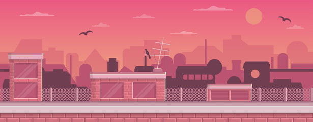 Seamless layered parallax ready runner shooter game cityline background scene. Urban environment, roofs, buildings and other elements.