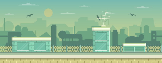 Seamless layered parallax ready runner shooter game cityline background scene. Urban environment, roofs, buildings and other elements.