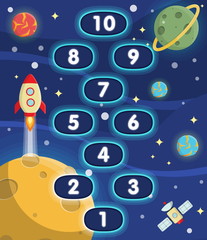 Lovely children activity play placemat rug for hopscotch game with outer space background, lonely planets, stars, space ships and satellite.
