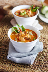 The eggplant curry pork with spicy Thai food,shallow Depth of Field,Focus on pork.
