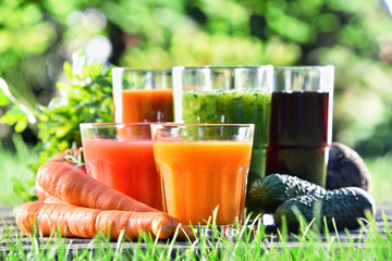 Glasses with fresh organic detox juices in the garden