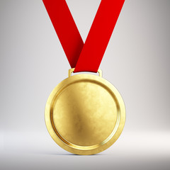First place Gold medal with red ribbon on gray background - 3d illustration