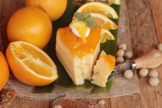 Orange cake with oranges fruits is delicious.