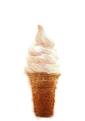 Ice cream waffle cone. Watercolor illustration on texture paper.
