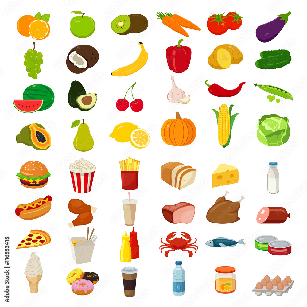 Wall mural set of icons with food and drinks for restaurant or commercial. vector