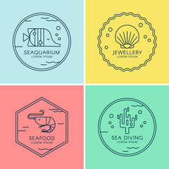 Nautical set of logotypes with sea creatures in linear style. Vector illustration.