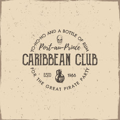 Vintage handcrafted label, emblem. Caribbean club logo template. Sketching filled style. Pirate and sea symbols - old rum bottle, pirate skull. Retro stamp and patch. Vector