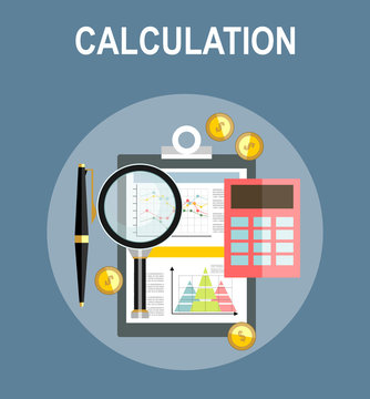 Calculation concept. Businessman, accountant . Flat design, Vector Illustration. Financial calculations, counting profit, income, taxes, statistics, data analytics, planning, report.