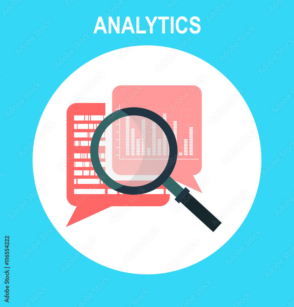 Poster data analytics vector icon, analyzing information statistic, search optimization, investigation proc