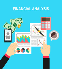 Financial calculations. Working process. businessman hands, calculator, financial reports, money, coins, pen, coffee cup. Top view. vector illustration in flat design on green background