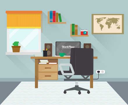 Modern workplace in room. Workspace creative theme. Flat minimalistic style. Flat design with long shadows. Vector.