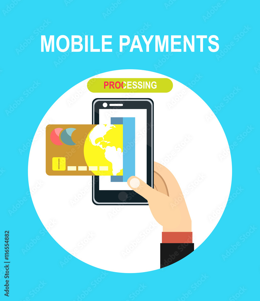 Poster flat design style vector illustration of modern smartphone with processing of mobile payments from c