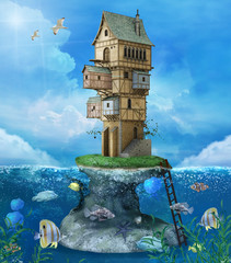 Plakaty  Dom fantazji na skale pośrodku morza
