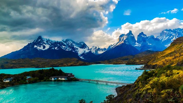 Time lapse of rain clouds flowing over Cuernos del Paine at Lake Pehoe in Torres Del Paine National Park Chile