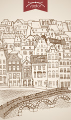 Engraving vintage hand drawn vector building city street Sketch