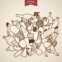 Obraz premium Engraving vintage hand drawn vector glass dishes beverage Sketch