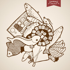 Engraving vintage hand vector fish shrimp sushi roll Sketch