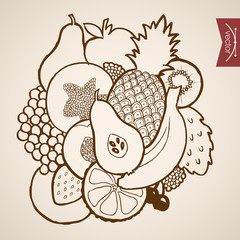 Engraving vintage hand drawn vector fruit kiwi cherry Sketch