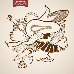 Engraving vintage hand drawn vector vegetable pumpkin bow Sketch