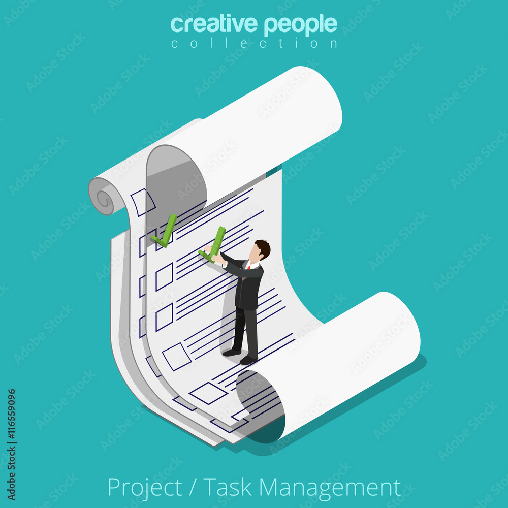 Poster flat 3d isometric man on paper sheet vector project task manager