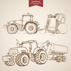 Engraving vintage hand drawn vector tractor Farm Sketch