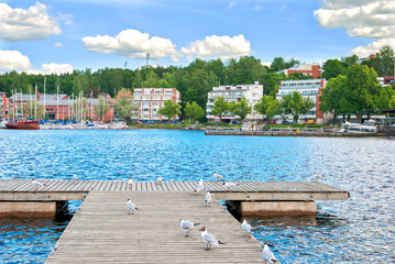 Lappeenranta. Fonland. Small wooden pier with seagulls on The Saimaa Lake