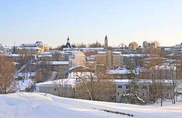 Lappeenranta. Finland. Winter view to the city from Fortress Willmanstrand last territory, historic...